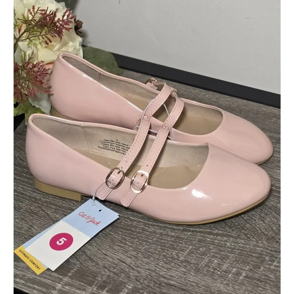 Cat&Jack BigGirls Amelia Mary Jane Flats Double Buckle, Pink, Dress Shoes Size 5